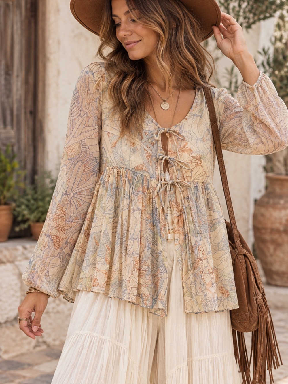 Mes Demoiselles Palm Boho Tie-Front Floral Peasant Top
